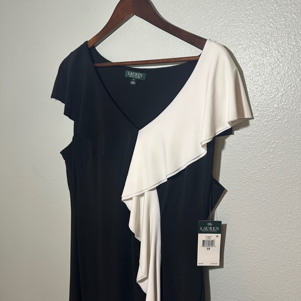 NWT Lauren Ralph Lauren Black White Ruffle Sheath Dress 18